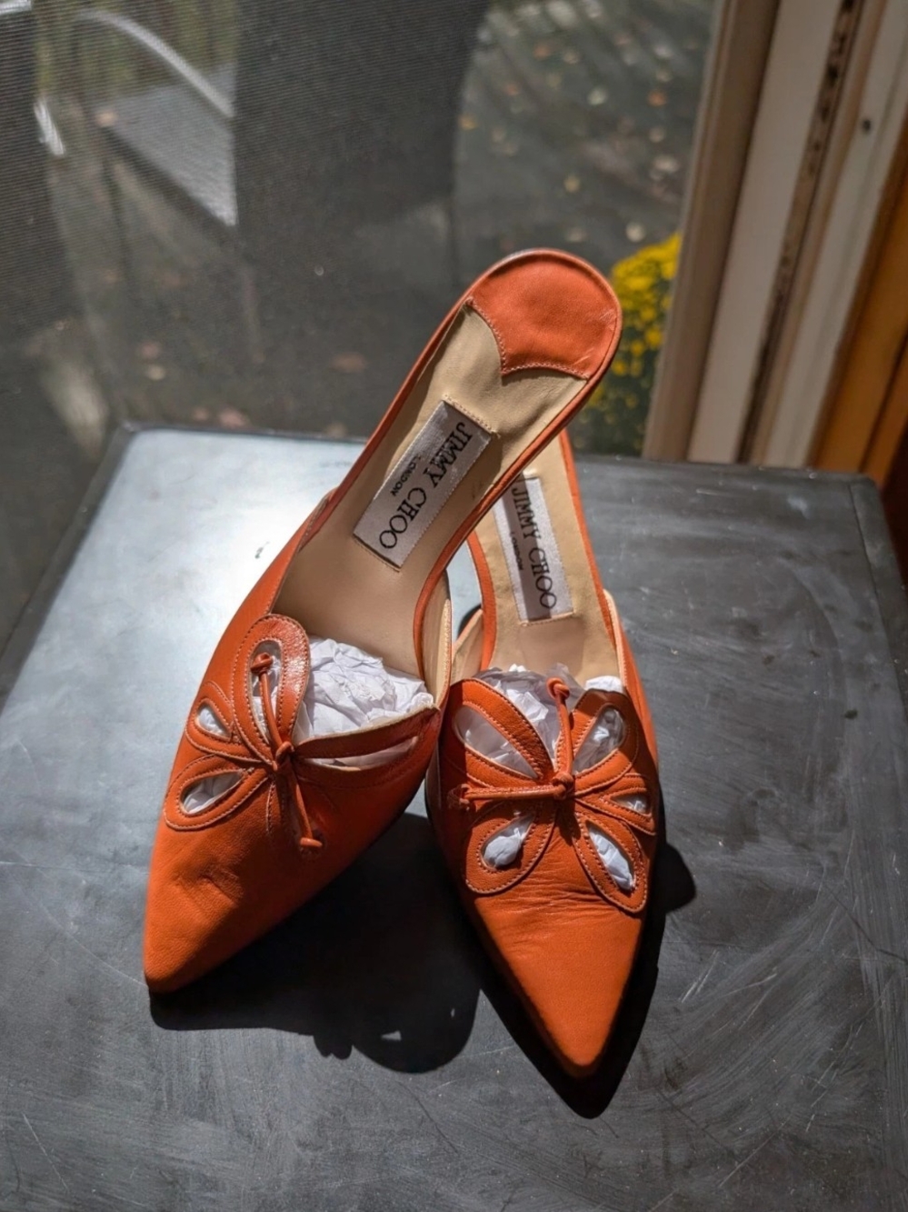 Jimmy Choo Orange Leather Cutout Bow Mules | Size 36 | Made in Italy | Rare